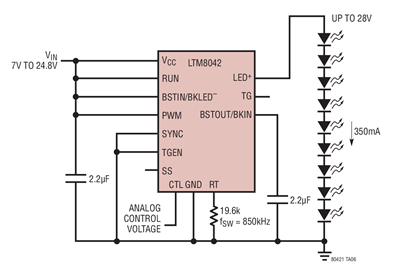 Boost Operation, Driving 9 Red LEDs at 350mA with Analog Dimming