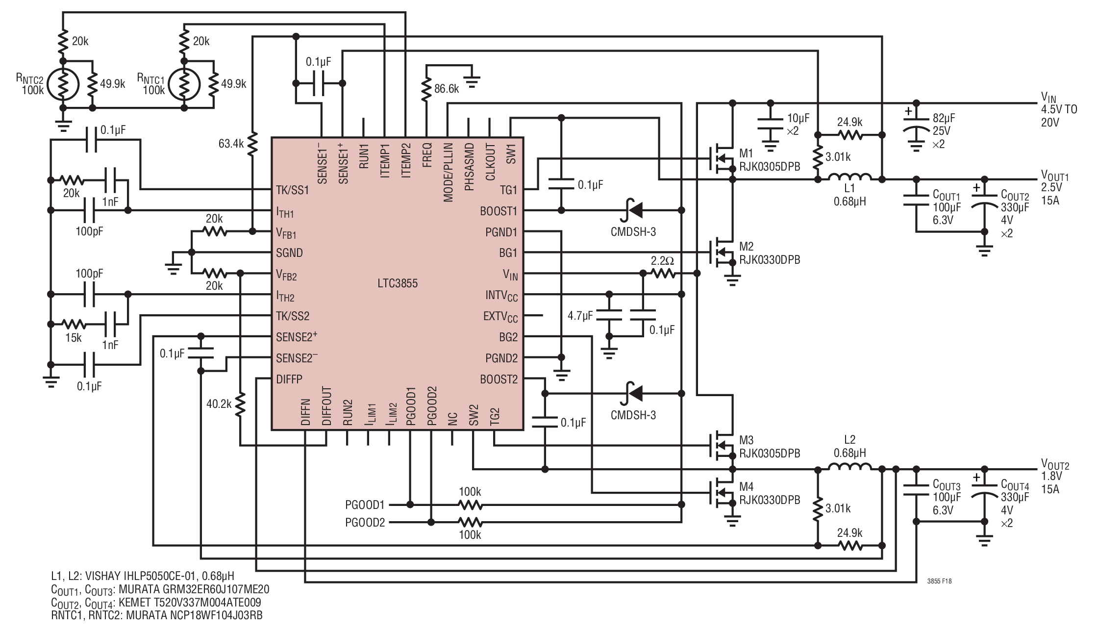 2.5V, 15A and 1.8V, 15A Supply with NTC Temperature Compensated DCR Sensing, fSW = 350kHz