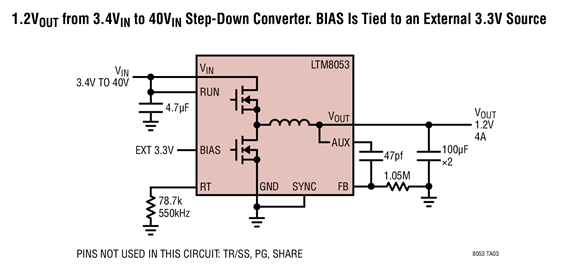 1.2VOUT from 3.4VIN to 40VIN Step-Down Converter. BIAS Is Tied to an External 3.3V Source