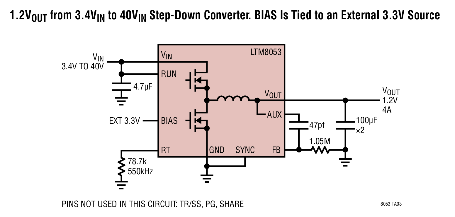 1.2VOUT from 3.4VIN to 40VIN Step-Down Converter. BIAS Is Tied to an External 3.3V Source