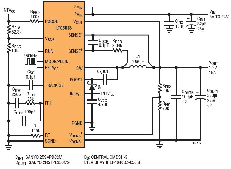 24Vin to 1.2Vout@15A Using Inductor DCR Sensing to Minimize Solution Size and Cost