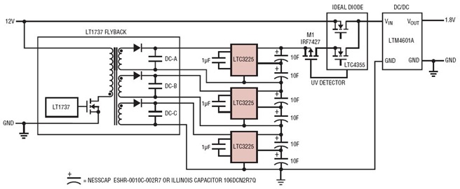 12V Power Ride-Through Application Using Six 10F, 2.7V Supercapacitors in Series with Front End Flyback