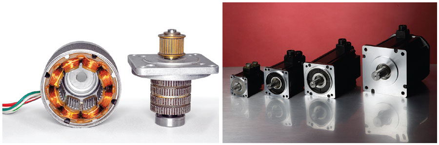 Figure 1. A hybrid stepper motor with 50 pole pairs (left) and different types of stepper motors (right).