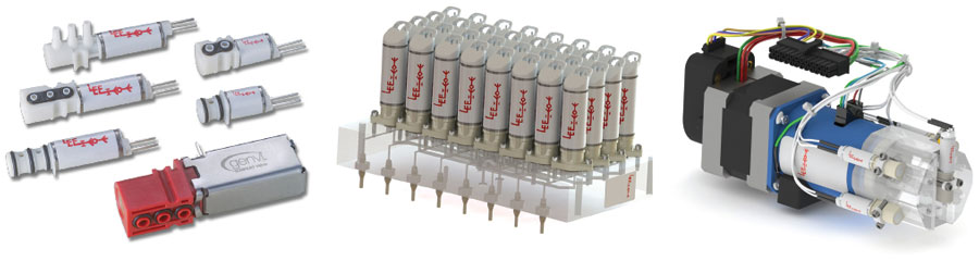 Figure 3. Miniature solenoid, manifold, and hybrid manifold examples (image source: with permission by Lee Hydraulische Miniaturkomponenten GmbH/The Lee Company).