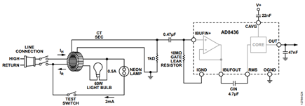 Figure 24. Ground Fault (Residual Current) Test Circuit with the AD8436 Configured as a Precision Full Wave Rectifier (Absolute Value Circuit).