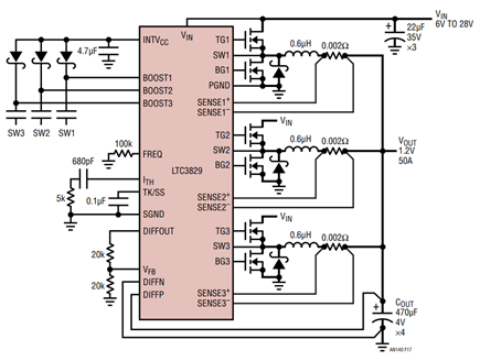 A 3-Phase, Single V<sub>O</sub> High Current Buck Converter Using the LTC3829