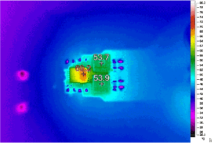 Figure 7. LT7170-1 thermal image for 12V input to 1V output at 15A with fSW = 1MHz, no airflow, TA = 25ºC.