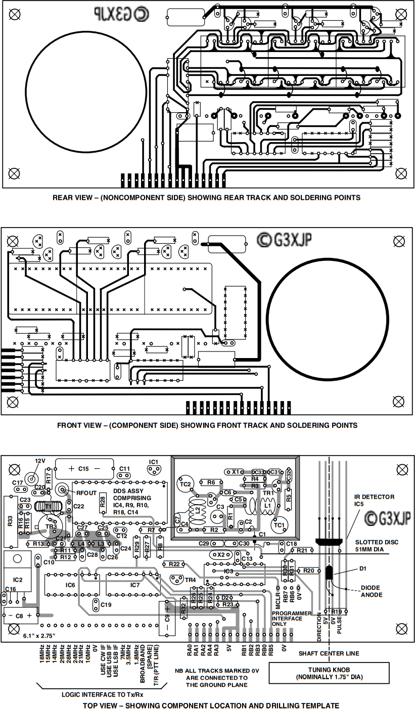 Figure 12. Display board PCB drawn for production as described in the text. The ground plane is not shown since all of the board (both sides) is ground plane copper except where removed to let in the tracking. Holes on the front and rear track views shown as an “x” are not soldered on that side of the board. They should be lightly countersunk. Holes shown as an “o“ ares oldered to either the track or the ground plane. All holes are 0.7 mm dia. The front panel LEDs (D4–D11) are not shown. They solder to the pad and ground plane pairs in a horizontal line about half way up the rear view. Nine short wire links are shown as pecked lines on the rear view.