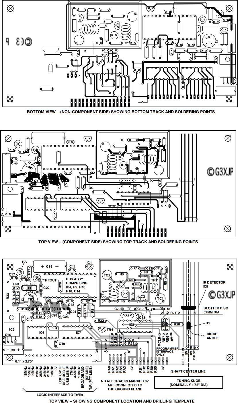 Figure 14. DDS board PCB drawn for production using same conventions as Figure 12.  All holes are 0.7 mm dia except three leads from IC2 which are 1 mm. Ref oscillator is screened by PCB enclosure. C7 uses its leads to connect from tap on L2, via hold in enclosure to top track. C1 is connected to track via short jumpers. IR detector/diode and disc shown for mounting at 90 degrees to display to top track. C1 is connected to track via short jumpers. IR detector/diode and disc shown for mounting at 90 degrees to display board.