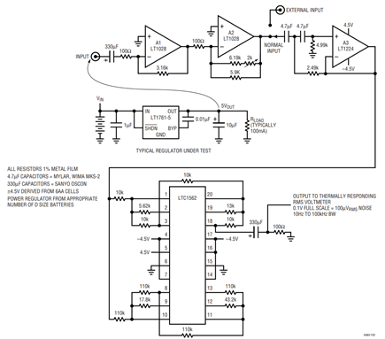 Figure 2. Implementation of Figure 1. low noise amplifiers provide gain and initial highpass shaping. LTC1562 filter supplies 4th order butterworth lowpass characteristic