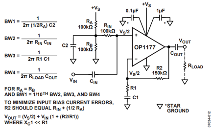 Figure 12. A single-supply noninverting amplifier circuit showing correct power suppy decoupling. Midband gain = 1 + R2/R1.