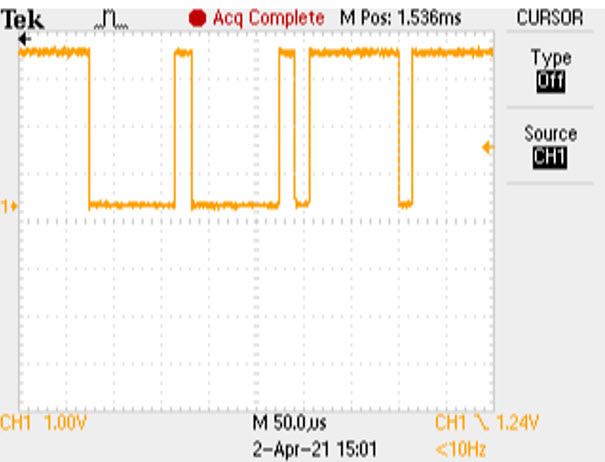 1-Wire line rising edges of an onboard DS28E18 at 10cm and 1000Ω  RPUP