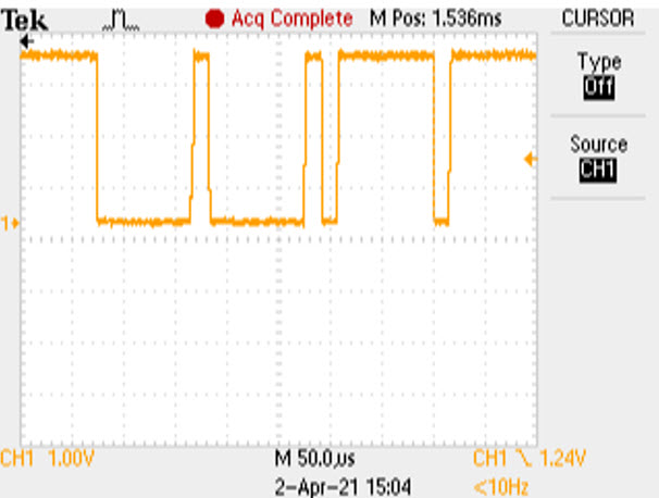 1-Wire line rising edges of an offboard DS28E18 at 100m and 1000Ω  R<sub>PUP</sup> with APU enabled