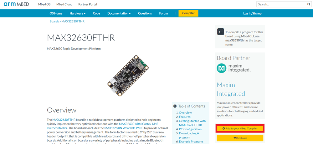 Figure 2. Highlights the Add to your Mbed Compiler button in a red box on the MAX32630FTHR Mbed landing page.