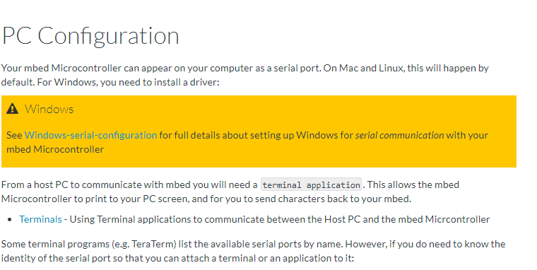 Figure 3. Displays PC Configuration section of the MAX32630FTHR Mbed landing page.