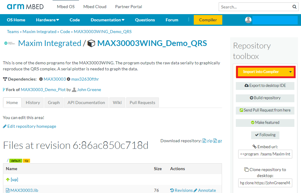 Figure 4. Highlights the Import into Compiler button with a red box on the MAX30003WING_Demo_QRS repository.