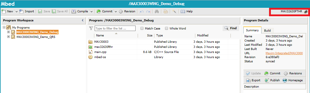 Figure 5. Highlights the target microcontroller selection area of the Mbed compiler window.