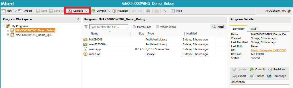 Figure 6. Highlights the Compile command button in the Mbed compiler with a red box.