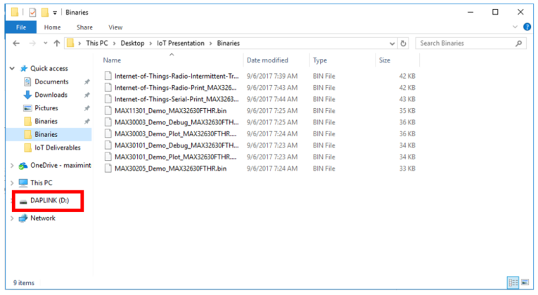 Figure 7. Drag the binary file onto the DAPLINK drive to program the microcontroller.