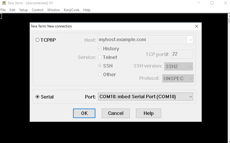 Figure 8. Tera Term opening window. Select the Serial radio button and the mbed Serial Port from the drop-down menu.