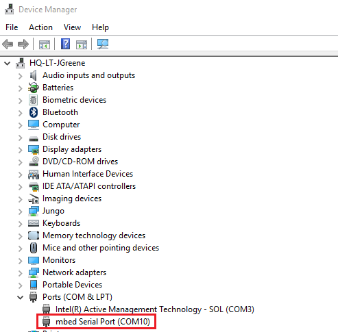 Figure 10. The COM port for the Mbed Serial Port can be found by opening the Device Manager and navigating to Ports(COM & LPT).