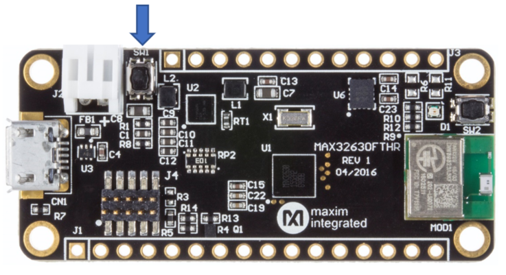 Figure 12. The reset button is SW1 on the MAX32630FTHR.