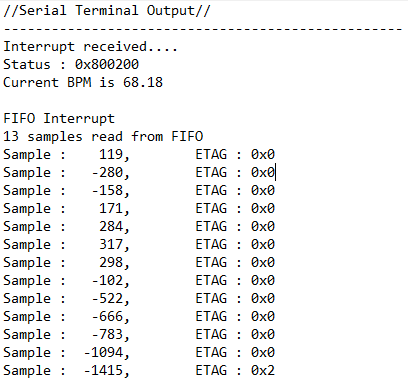 Figure 13. Serial output of the MAX30003WING_Demo_Debug program.