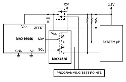 图1. MAX16046通过MAX4525复用器/开关共用其I<sup>2</sup>C总线