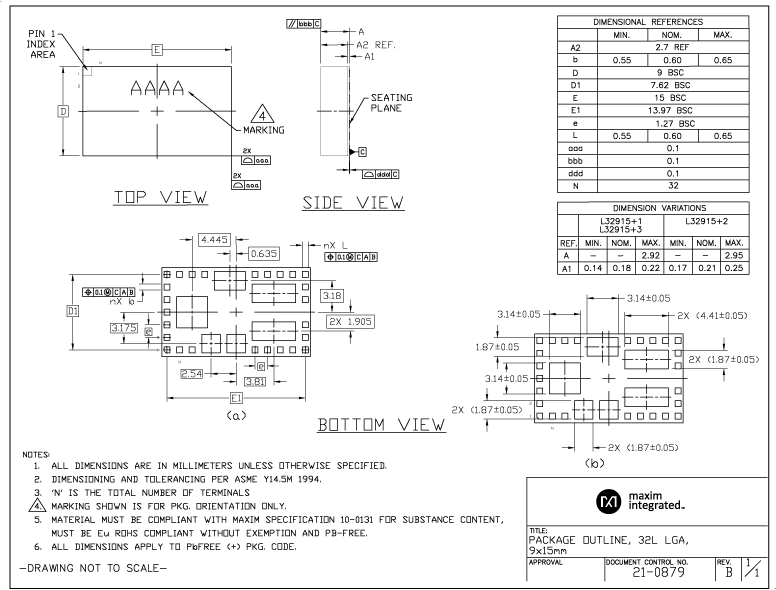 Package outline drawing of the 9x15mm LGA package.