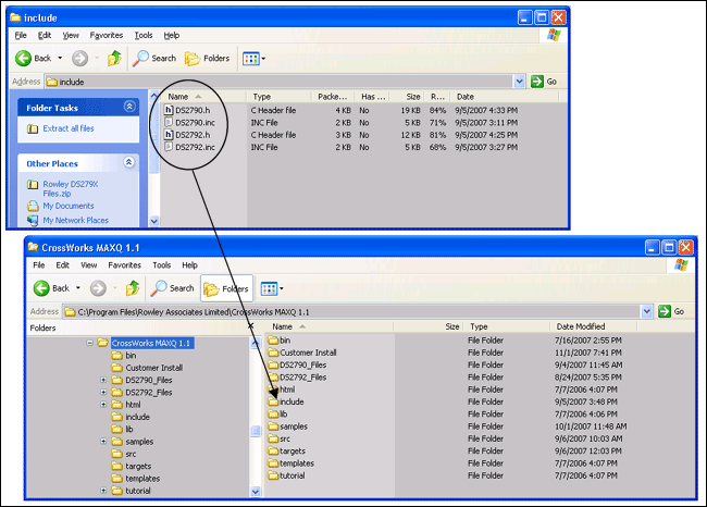 Figure 3. Copy the contents of the Rowley_DS279X_Files.zip include folder to the CrossWorks MAXQ 1.1/include folder.