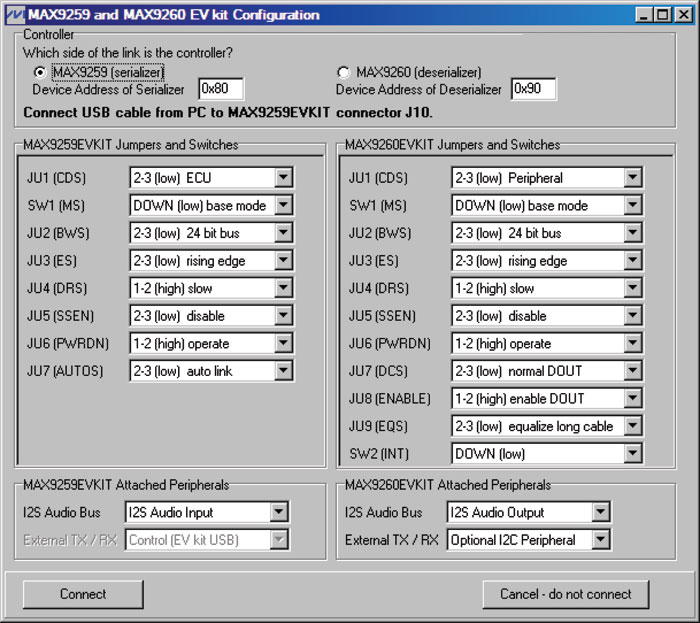 Figure 2. MAX9259/60 EV kits software configuration window.