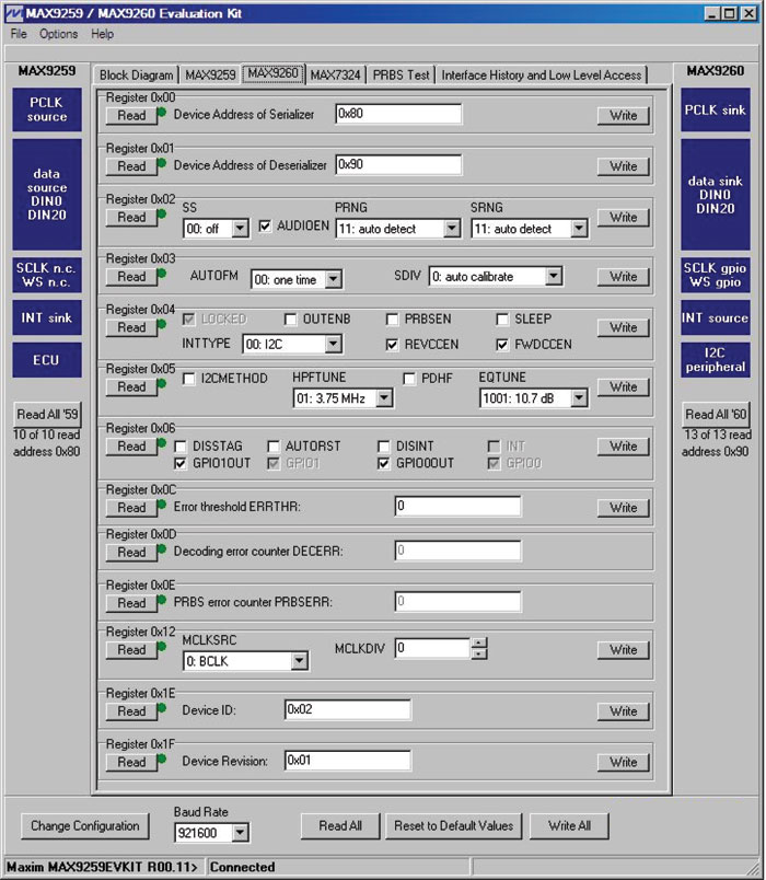 Figure 4. MAX9259/MAX9260 EV kits software main window (MAX9260 tab).