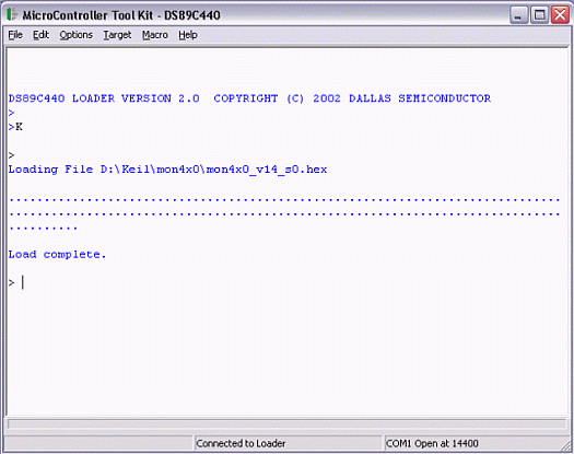 Figure 1.  Loading the debug monitor using the microcontroller tool kit. 