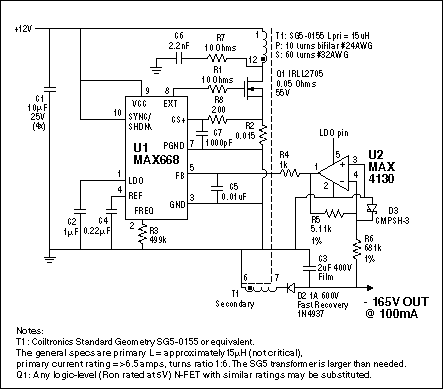 This circuit uses the MAX668 and a transformer (which will need about a one-to-six turns ratio) to make a flyback converter. The op amp inverts the feedback from the negative output voltage.