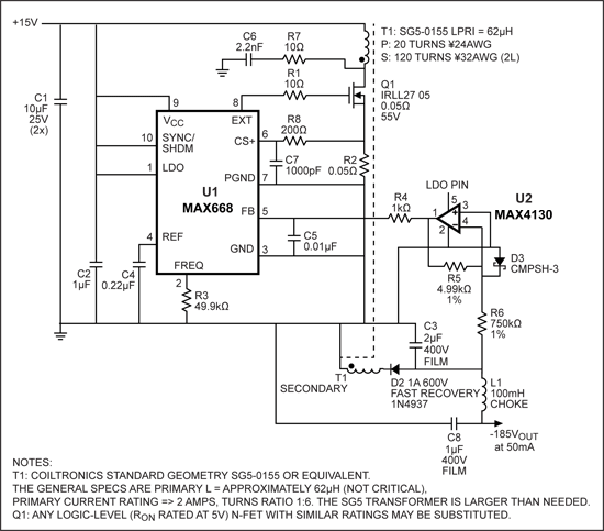 Figure 1. This circuit uses the MAX668 and a transformer (which will need about a one-to-six turns ratio) to make a flyback converter. The op amp inverts the feedback from the negative output voltage.