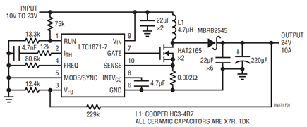 Figure 1a. Single-Phase Boost Converter: Can be Used to Convert 12V Input to 24V, 10A Output.