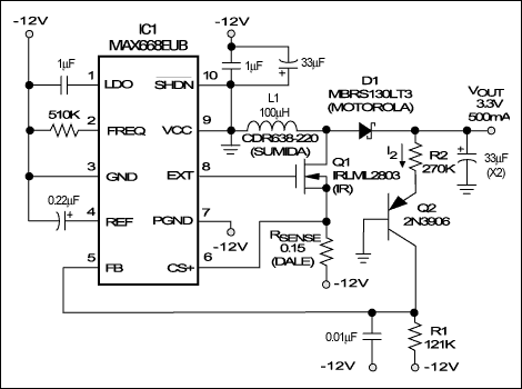 This PWM boost-controller IC provides relief to an overloaded 3.3V backplane supply by generating a supplemental 3.3V regulated output from the lightly loaded −12V rail of a VME, VXI, or PCI backplane.