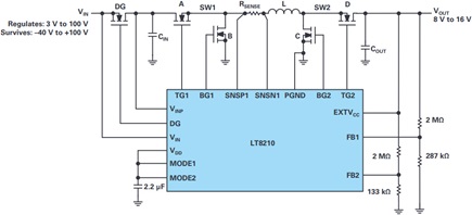 LT8210 8 V to 16 V Pass-Thru regulator circuit