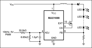 图6. 基于MAX1698的LED亮度调节器