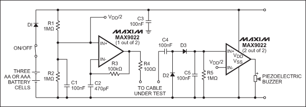 Figure 1. Based on a low-power dual comparator (MAX9022), this AC-based continuity tester locates open-circuit pins in a cable.