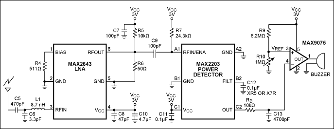 Figure 1. This 915MHz receiver sounds an alarm when the comparator's inverting-input voltage drops below 400mV.