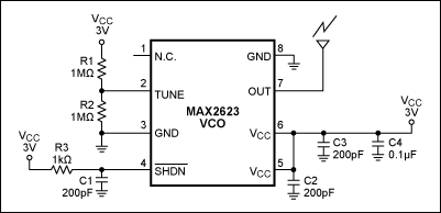 Figure 2. The transmitter consists of a voltage-controlled oscillator, tuned by R1 and R2 to approximately 915MHz.