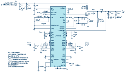 A 4.5 V to 50 V input nonsynchronous HV SEPIC converter feeding two 3.3 V/4 A LV regulators