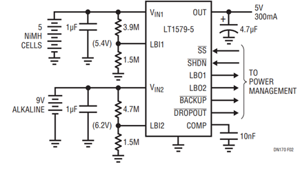 Figure 2. A 9V Battery Backs Up Five NiMH Cells.