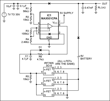 图1. IC1 MAX931比较器用于监测主电源电压。当主电源电压下降到7.4V以下时，它可以通过将电池负端接地接通备用电池。