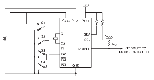 Figure 1. Typical operating circuit for a DS36xx security manager.