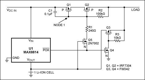 Figure 1. This circuit connects the load either to the battery voltage or to VDC IN, depending on which voltage is higher.