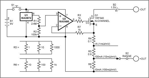 Figure 1. Operating with a DVM, this low-power adapter circuit performs 4-wire, low-resistance measurements.