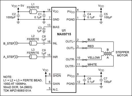 Figure 1. This small surface-mount circuit drives a bipolar  monofilar-winding stepper motor.