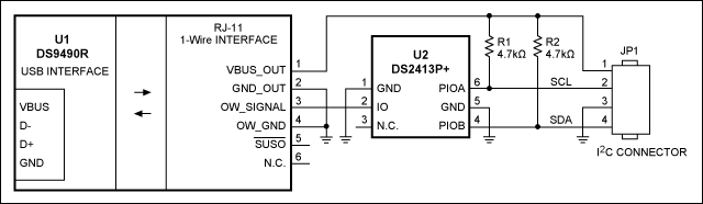 Figure 1. This circuit provides an I²C interface to a computer's USB port.